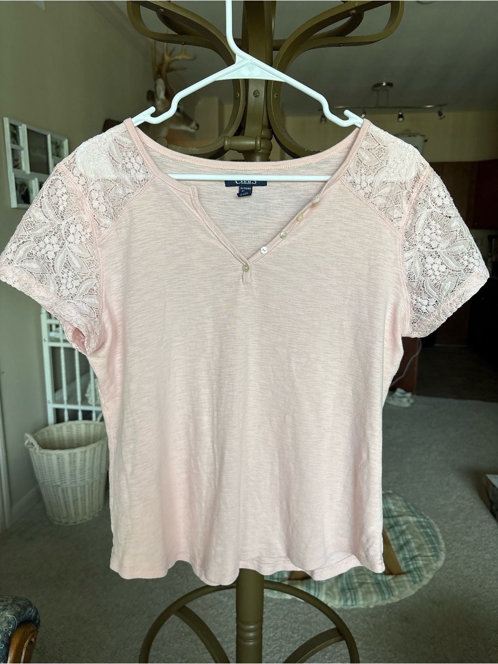 Chaps Pale Pink Lace-Sleeve Henley Tee